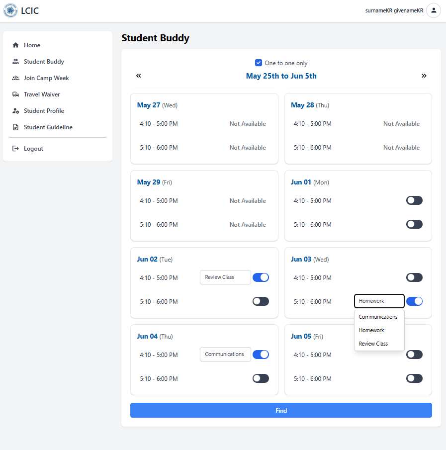 Student Buddy booking screen