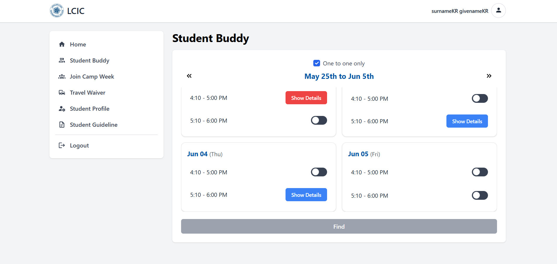 Booked sessions with Show Details