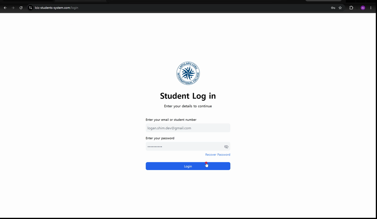 Student system login screen