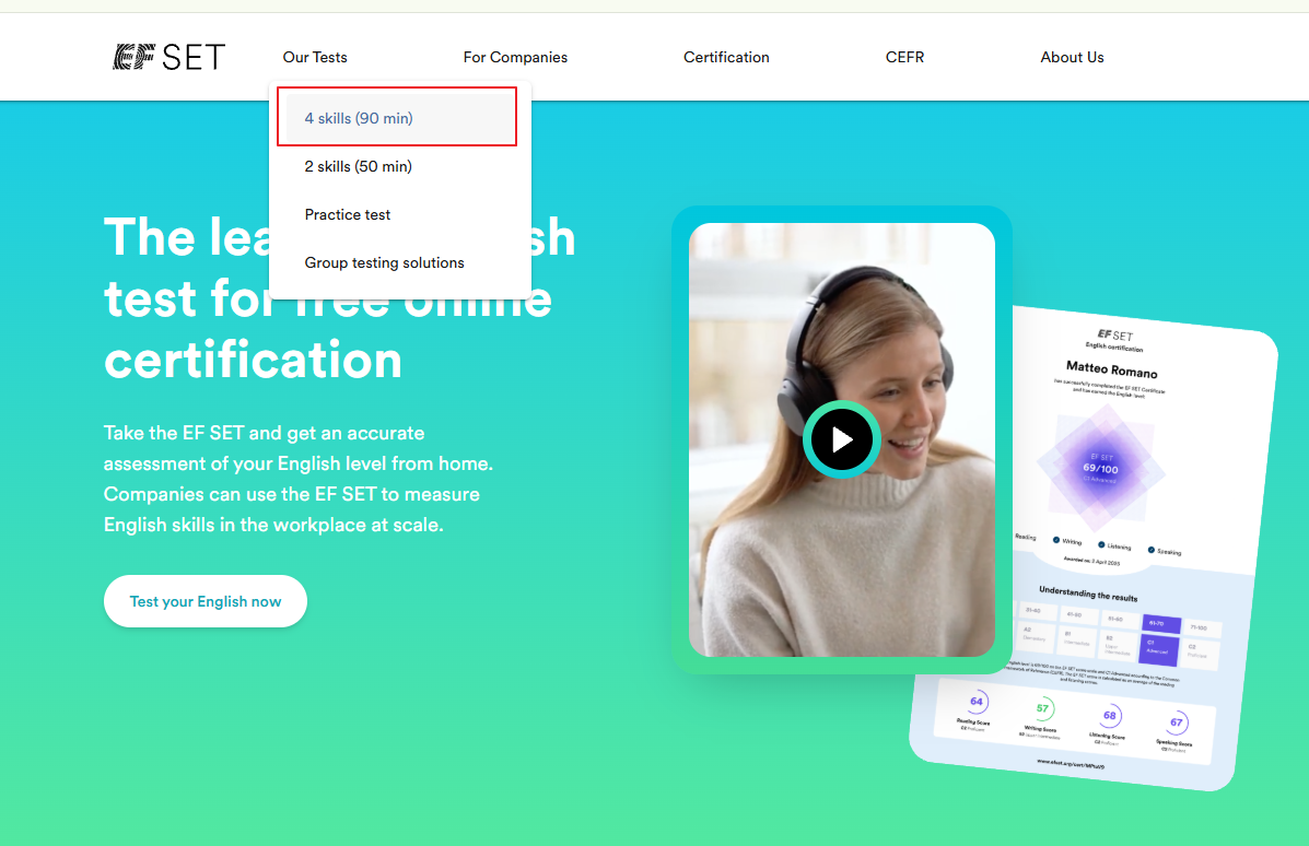 EF SET homepage — Our Tests menu, choose 4 skills (90 min)