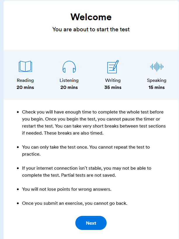 EF SET test welcome screen